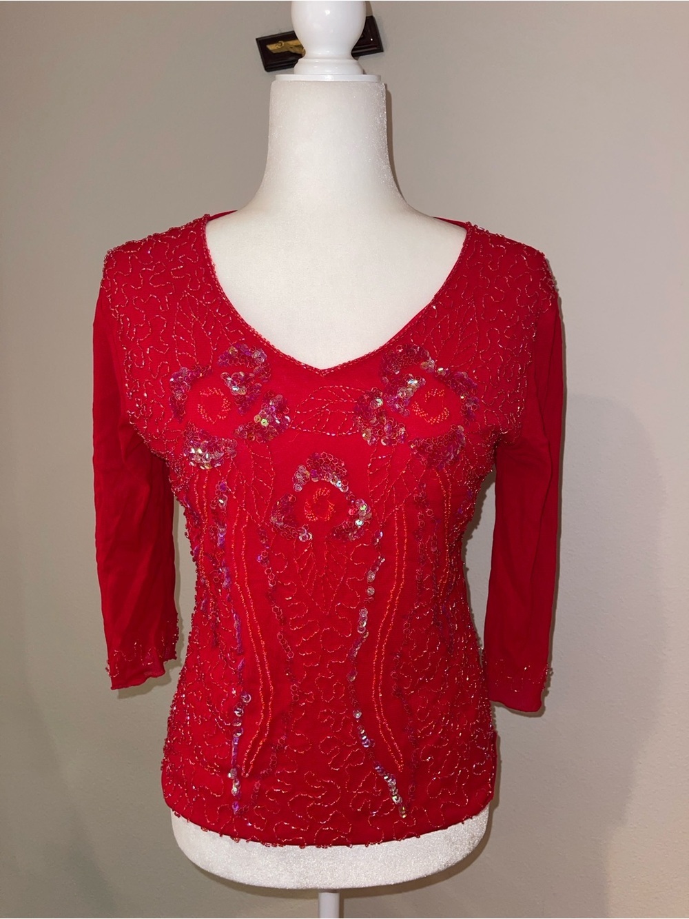 Red Beaded V-Neck Embellished Top